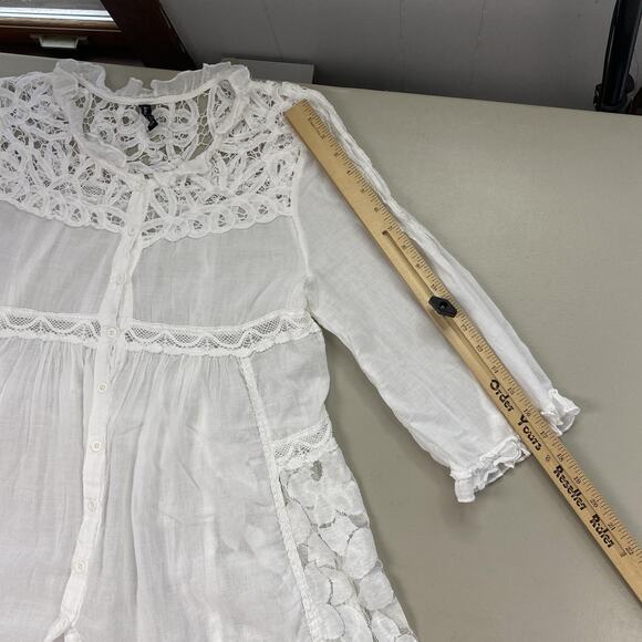 Sacred Threads Tunic Babydoll Top Womens Large White Lace Crochet Boho Sheer - Picture 6 of 10